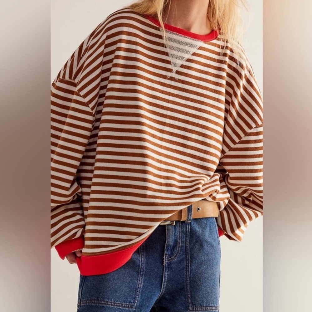 NEW Free People Classic Oversized Striped Crewneck Sweatshirt Coffee Combo XL